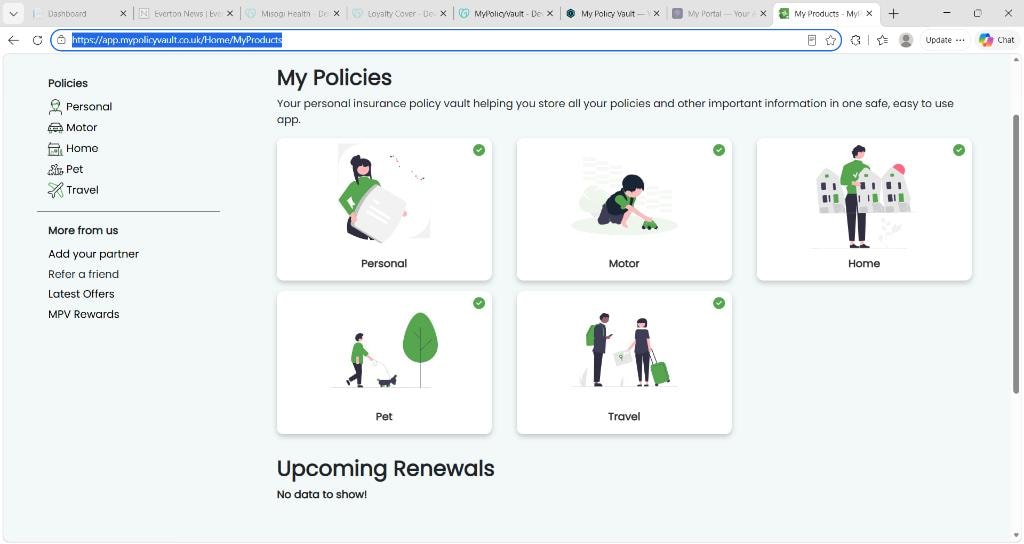 My Policies screen showing stored insurance policies in the MPV app